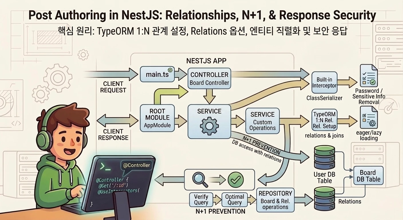 NestJS 게시물에 작성자 붙이기 — 관계 설정과 N+1, 응답 보안