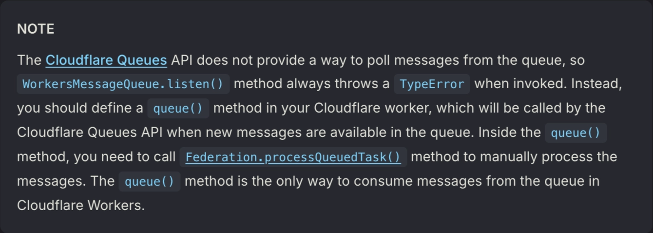 Fedify 공식 문서의 WorkersMessageQueue.listen() 설명