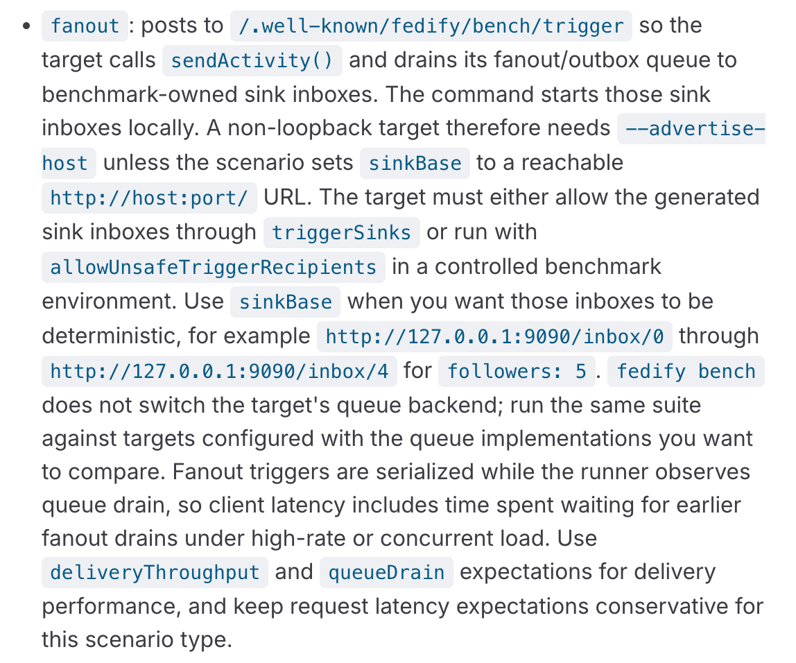 Fedify benchmarking scenario types — sinkBase와 triggerSinks