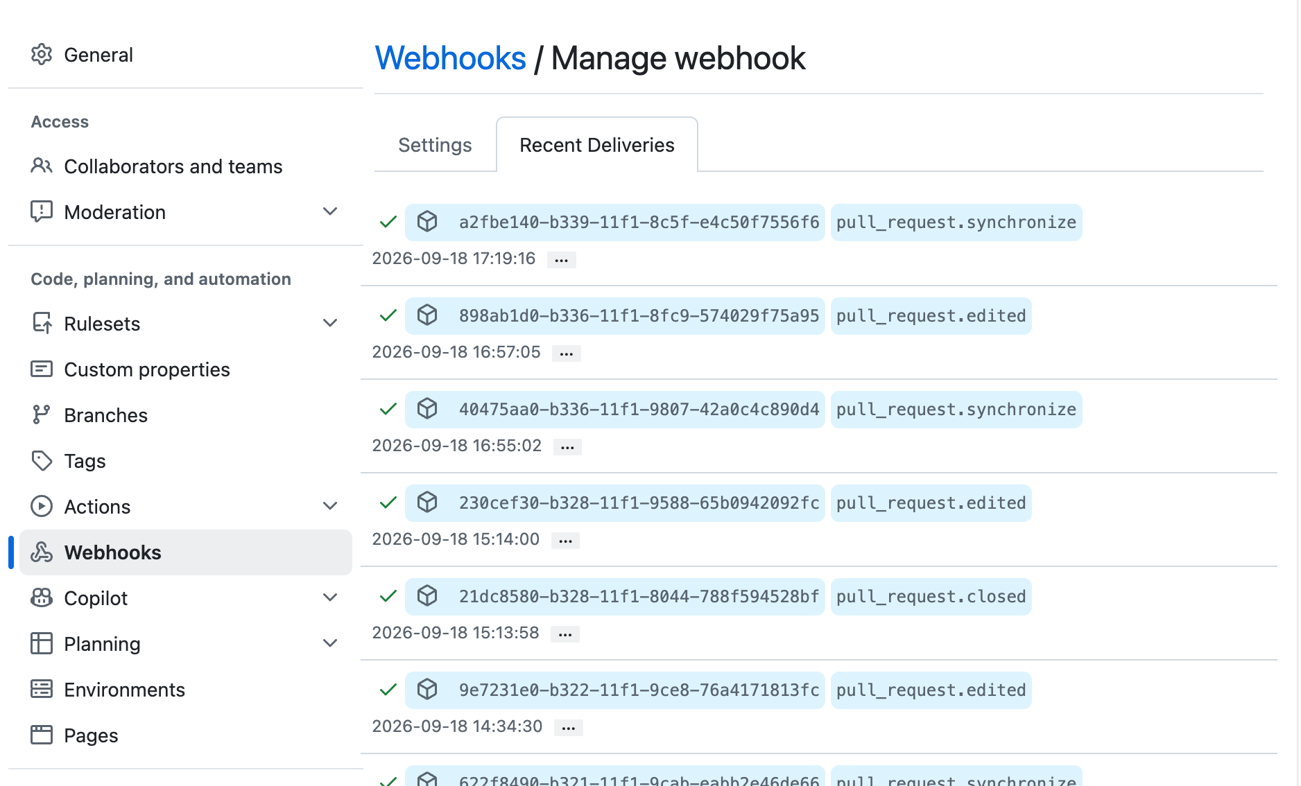 GitHub Webhook ping 테스트 Recent deliveries
